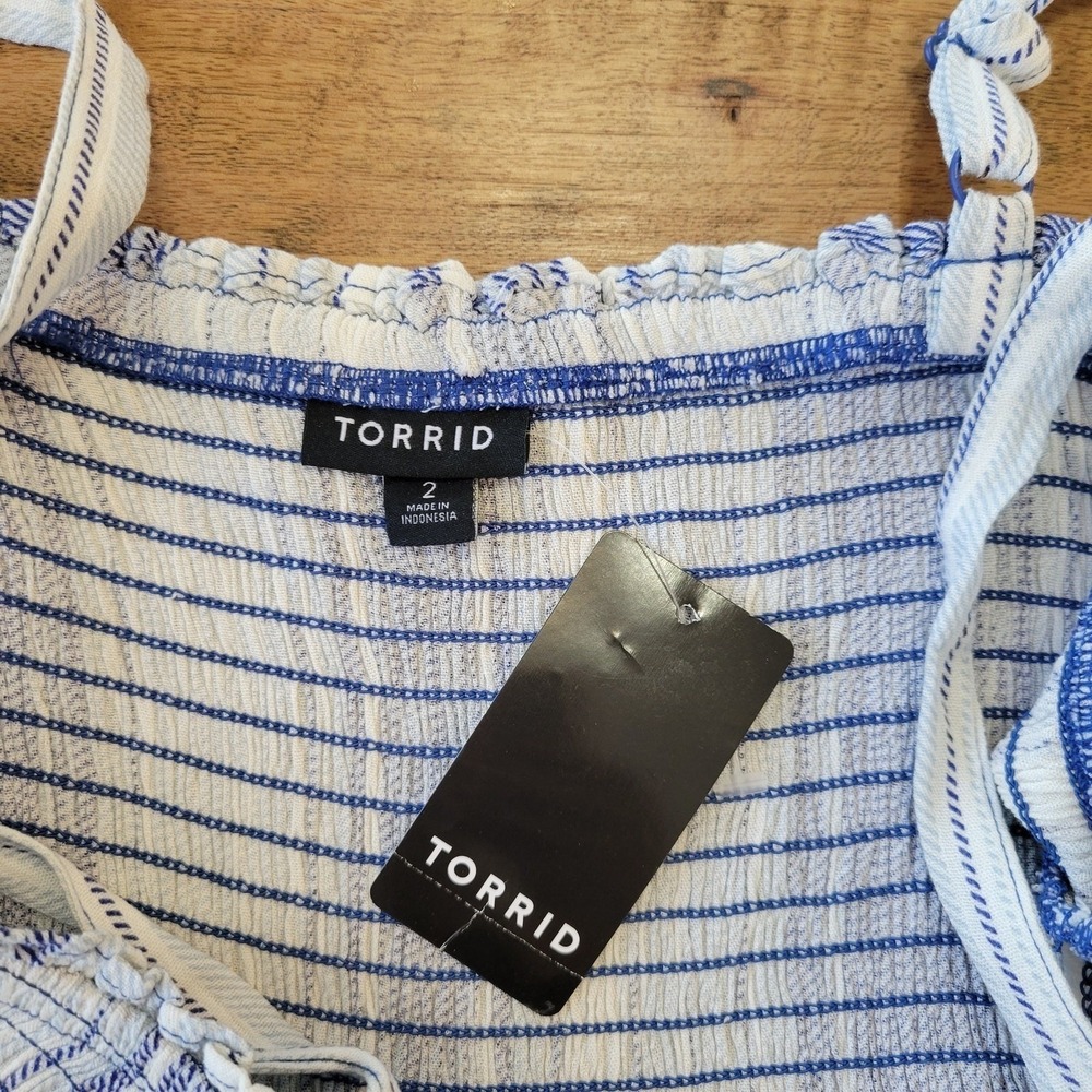Torrid Camisole Women 2 Blue White Striped Smocked Peplum Babydoll Tank Top - Picture 8 of 9